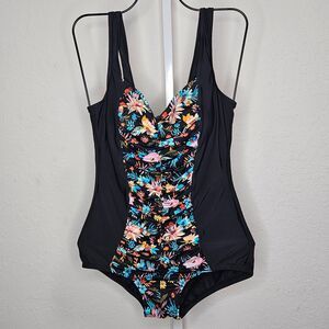 Paradise Bay Black Floral Print Pin Up Style One Piece Swim Bathing Suit Size 14